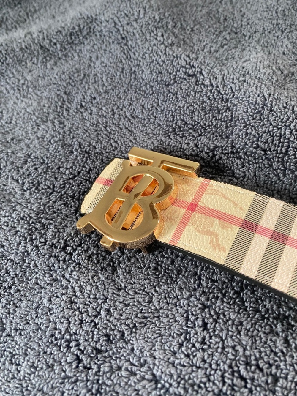 Gold “TB” Buckle on Reversible or Classic Print Burberry Belt. 120cm